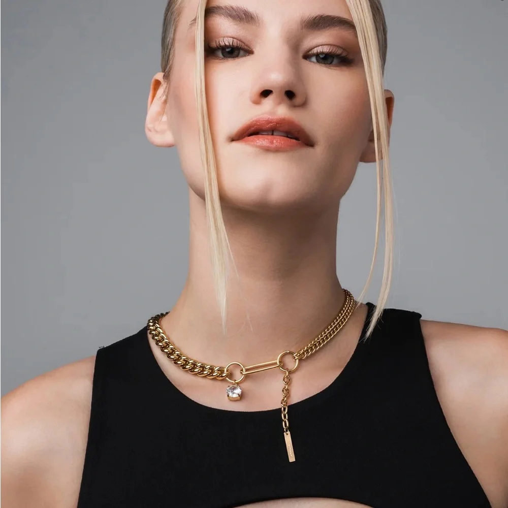 Gold Layered Chain Necklace with Clear Crystal Drop - Picture 3 of 5